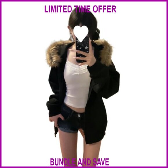 Y2K Zip Up Hoodie Fur Jacket Vintage Streetwear Winter Coat